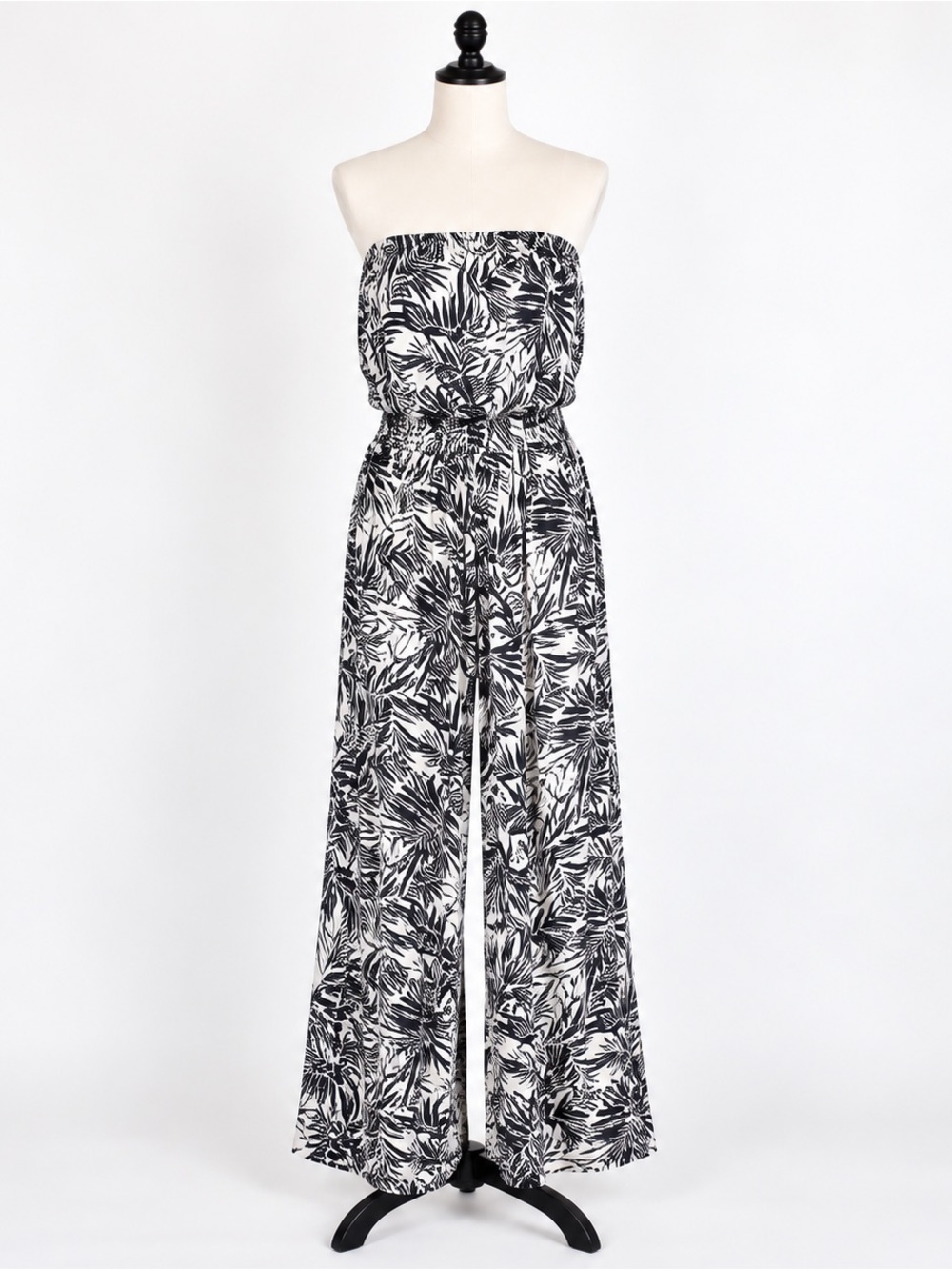 Elan black white tropical strapless wide leg palazzo pants jumpsuit M